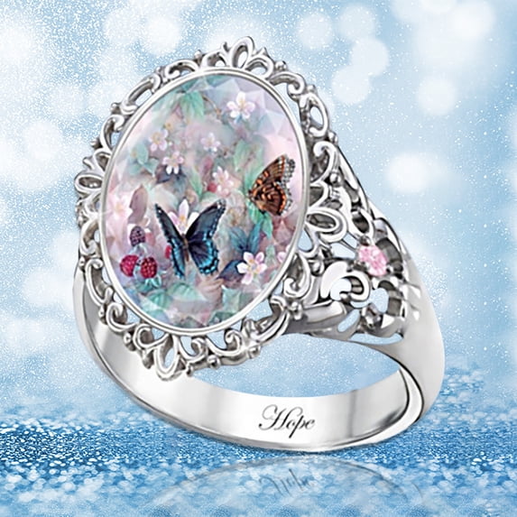 SPRING PARK Vintage Oval Cut Enamel Flower Butterfly Ring Wedding Promise Ring Engagement