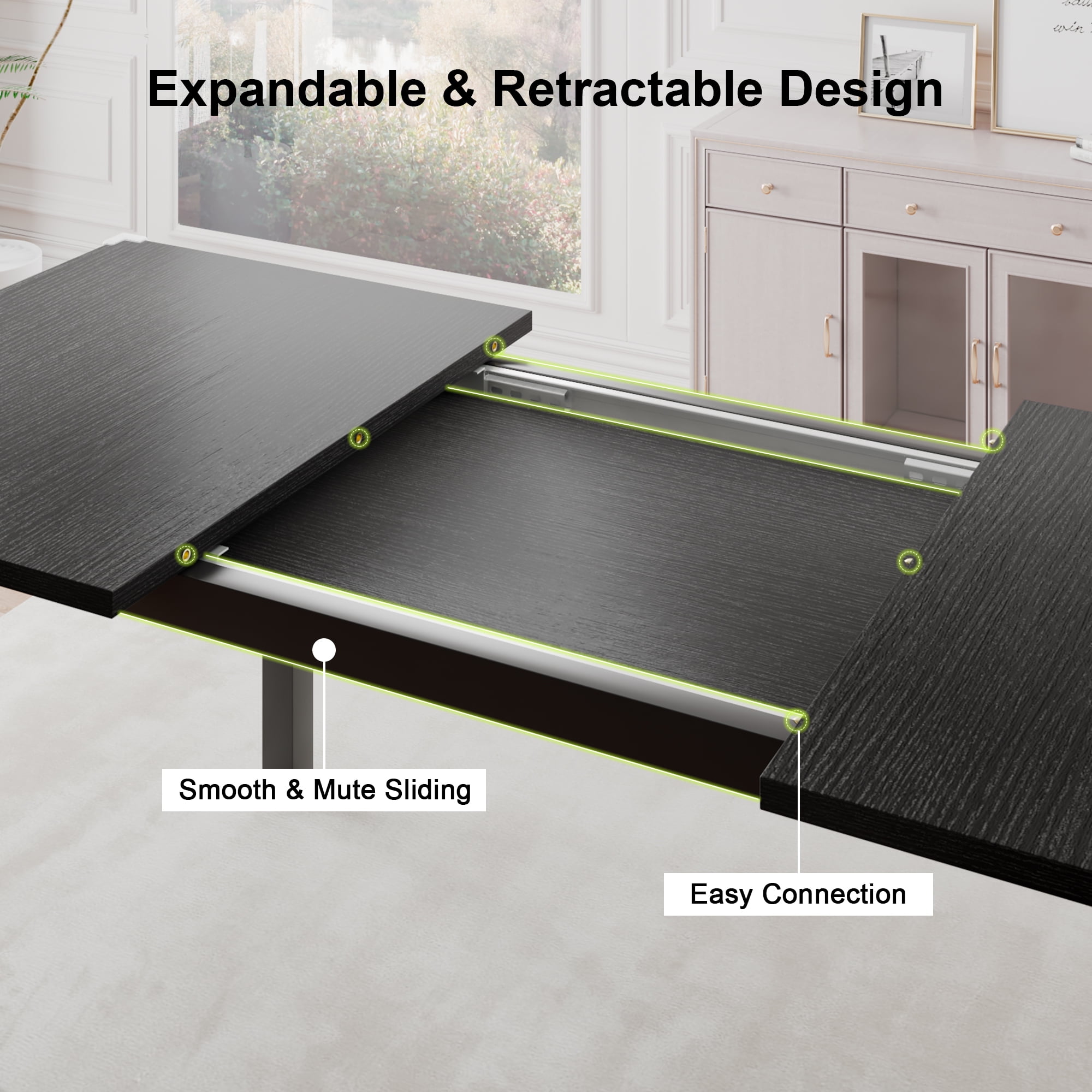 iPormis 63" Extendable Kitchen Table Set for 4-6 People, 7-Piece Large Dining Table Set With 6 Chairs,Mid-Century Modern Dining Room Table,Black