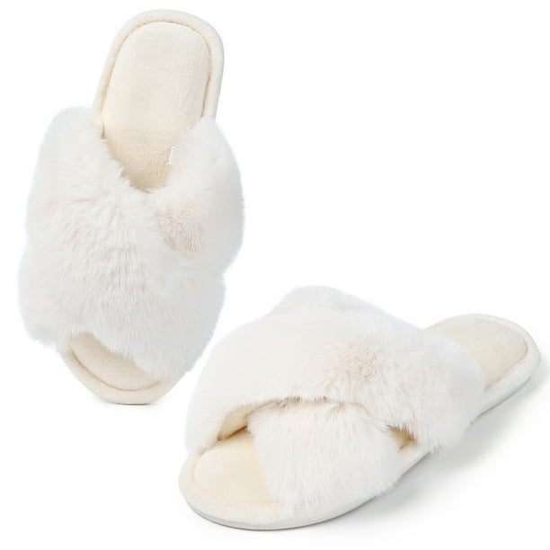 Fuzzy Cross Band Slippers, Women Soft Plush Furry Fur Open Toe Shoes