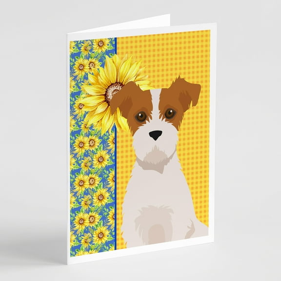 Summer Sunflowers Brown White Wirehair Jack Russell Terrier Greeting Cards and Envelopes Pack of 8 7 in x 5 in