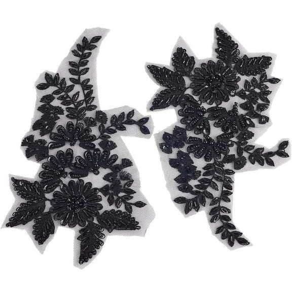 1 Pair 3D Sequin Flower Applique Black Beaded Embroidered Lace Appliques Trim Polyester Floral Pearl Embroidery Sew on Tulle Patches for Sewing Making Clothes Dresses Gowns Ornament Supply