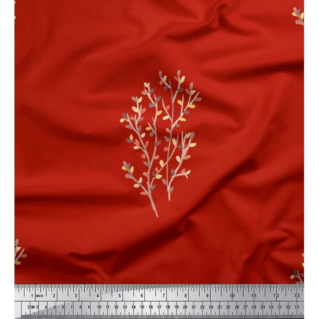 Soimoi Tissu Viscose Georgette Rouge Feuilles Artistiques Imprimés au Mètre 42 Pouces de Large