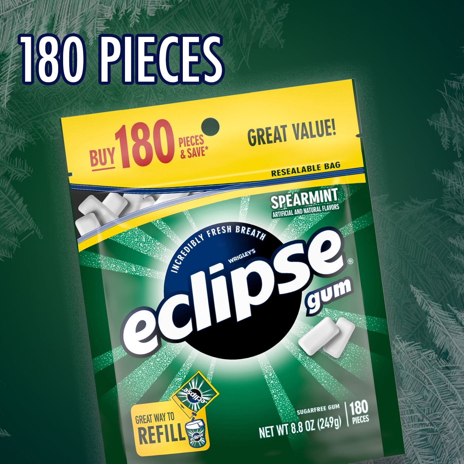 (4 pack) Eclipse Spearmint Sugar Free Chewing Gum, Value Pack - 180 ct Bag