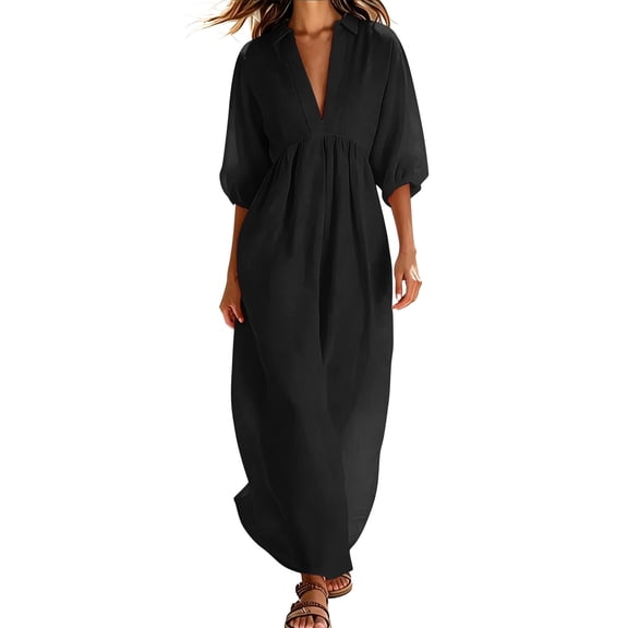 Efsteb Women Dresses Cotton Linen Collared V-Neck Pleated Puff 3/4 Sleeve Dress Casual Empire Waist Loose Fit Summer Beach Dress (Black,M)