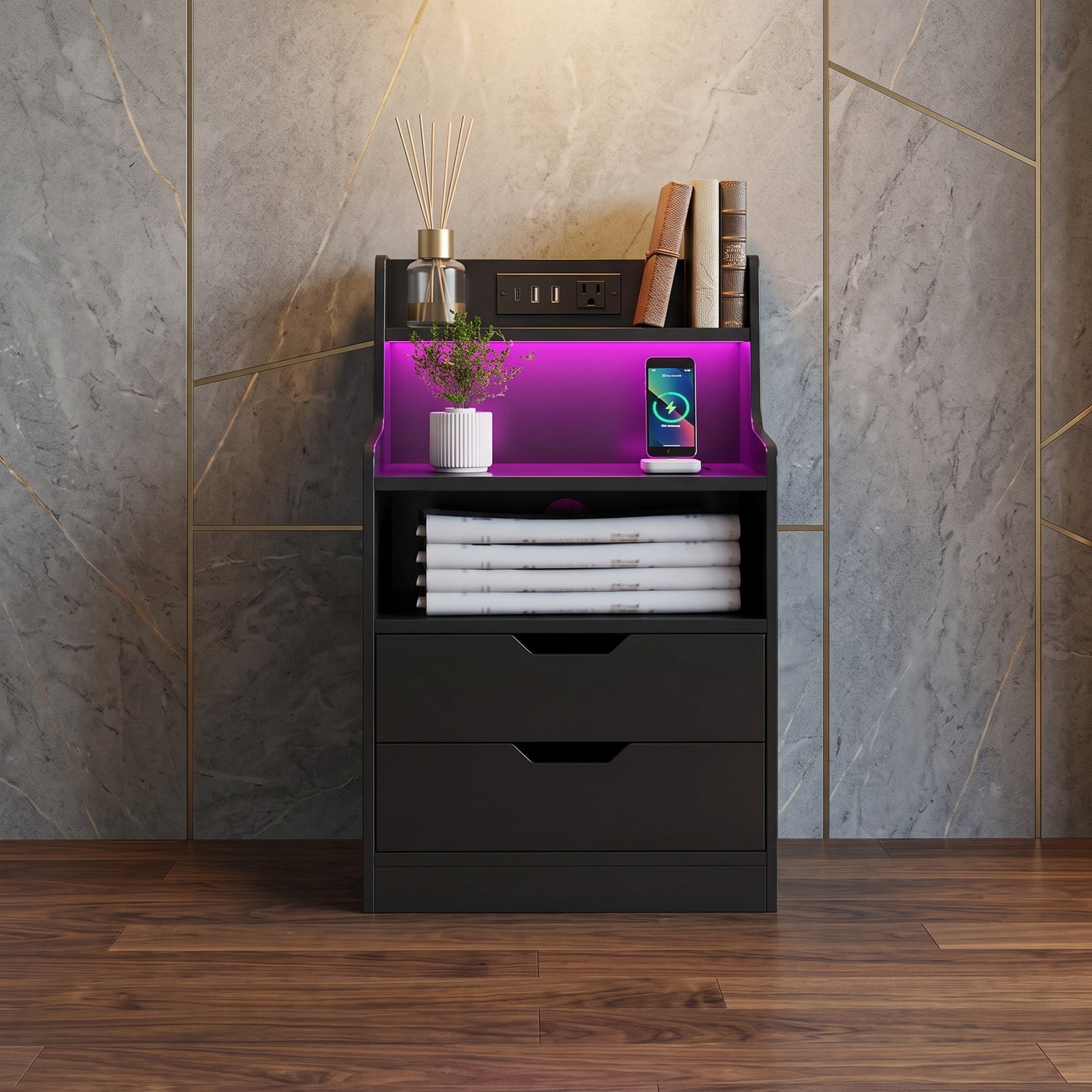 Furnibear Nightstand with RGB LED Light and Charging Station and 2 Drawers for Bedside Storage in the Bedroom and Living Room, Black