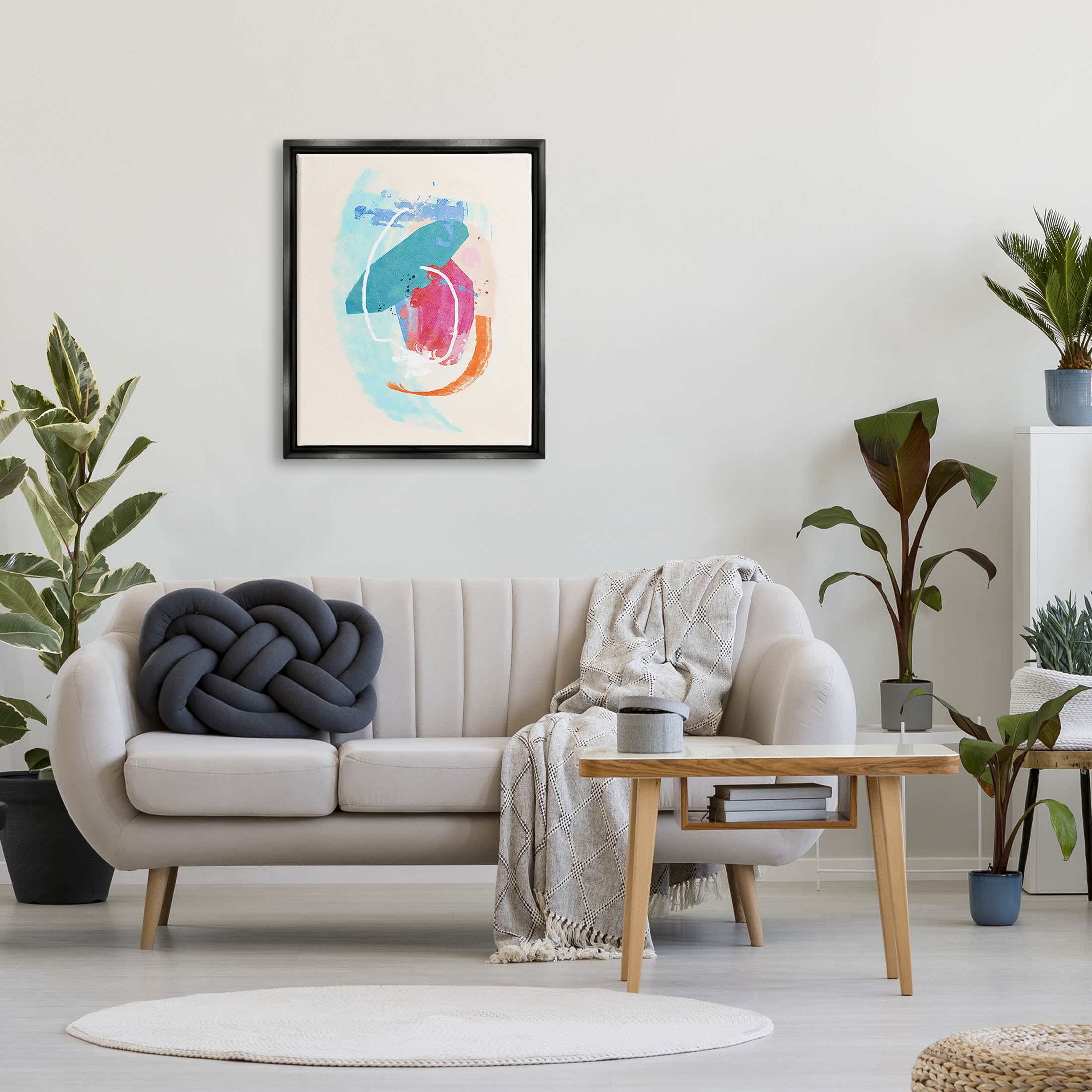 Modern Blue Pink Shapes Abstract Graphic Art Jet Black Framed Art Print Wall Art