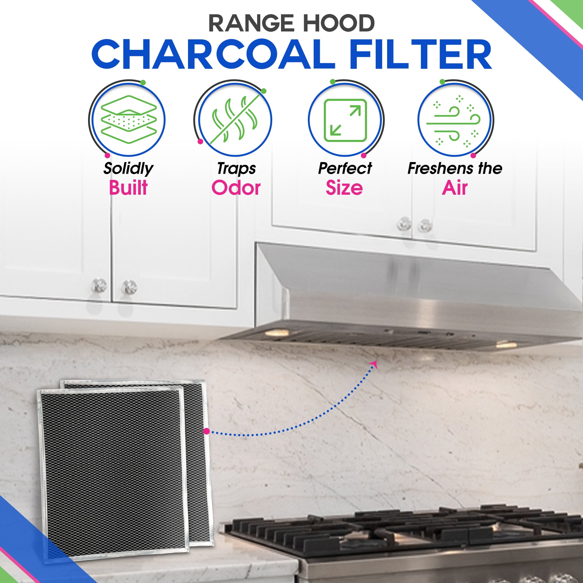 Charcoal Filter Replacement Fits 12.90" x 14.65" HPF30 97020466 Broan range hood filter - Carbon Hood Vent Filter for Ductless Exhaust Fan - Filters and Freshens Kitchen Air Over the Oven (2-Pack)