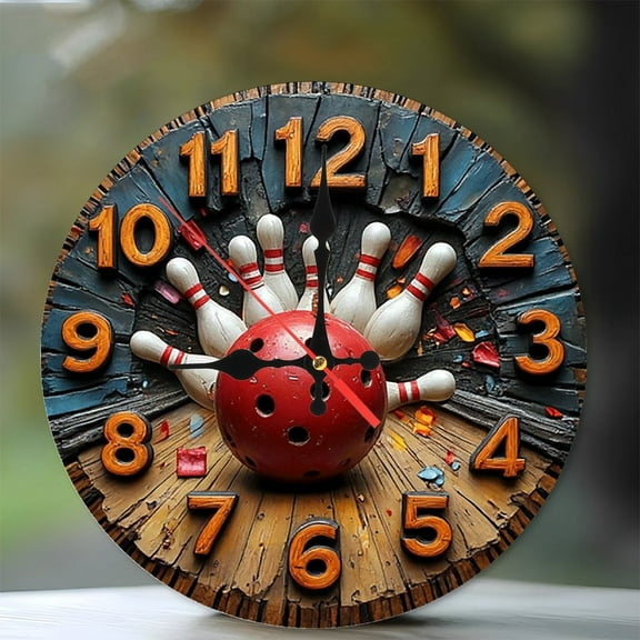 Bowling Ball Clock Wooden Retro Vintage Home Decor 10-Inch Silent Wooden Wall Clock, Battery Operated (AA Batteries Not Included), Artistic Home Decor