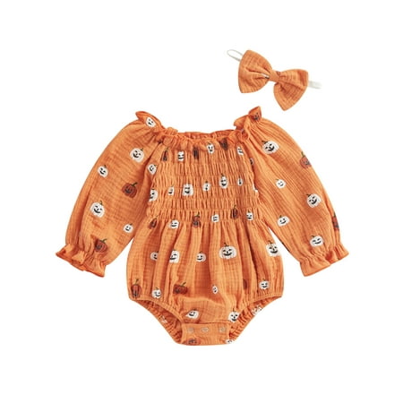 

Wallarenear Baby Girls First Halloween Romper Pumpkin Print Onesize Bodysuit with Headband
