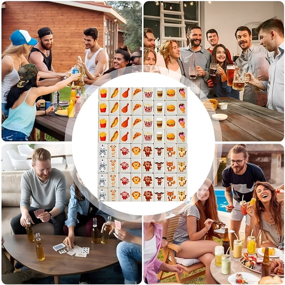CYFW 8 Animals Pattern 8 Foods Pattern Seaside Escape Game Blocks Mahjong Sets with 65 Tiles 30mm Flag and Ball Pattern with Handbag for Spring Picnic Party Gift.