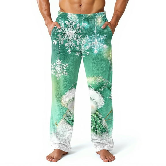 Fabrcox Christmas Men's Flannel Pajama Pants Winter Warm Elastic Waist Christmas Snowman Xmas Casual Christmas Baggy Bottoms Pants Mint Green S