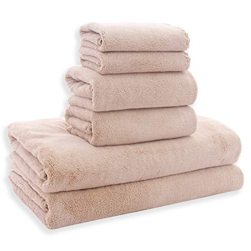 MoonQueen Ultra Soft Towel Set - Quick Drying - 2 Bath Towels 2 Hand Towels 2 Washcloths - Microfiber Coral Velvet Highly Absorbent Towel for Bath Fitness, Sports, Yoga, Travel (Brown, 6 P