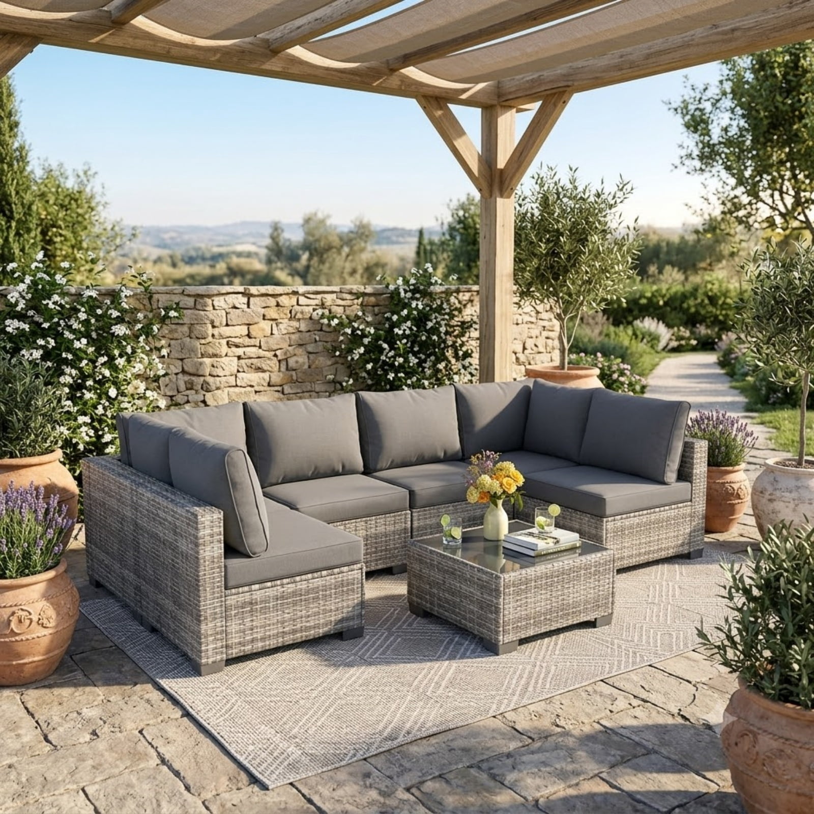 7-Piece Patio Furniture Set with Glass Coffee Table, All-Weather Wicker Rattan Outdoor Sectional Sofa with Thick Cushions, Modular Patio Conversation Set for Backyard, Poolside & Garden