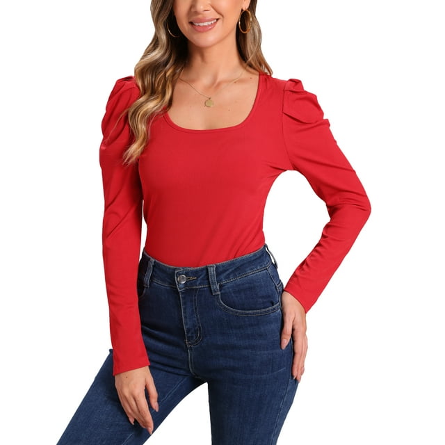 INSPIRAR CHIC Blusa de Manga Abullonada para Mujer con Cuello Cuadrado, Blusa Básica de Punto de Manga Larga, M Rojo