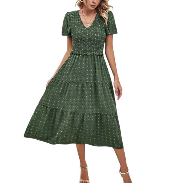 Vestido Bohemio Informal de Corta con Escote en V y Dobladillo para Mujer, Color Verde Talla M