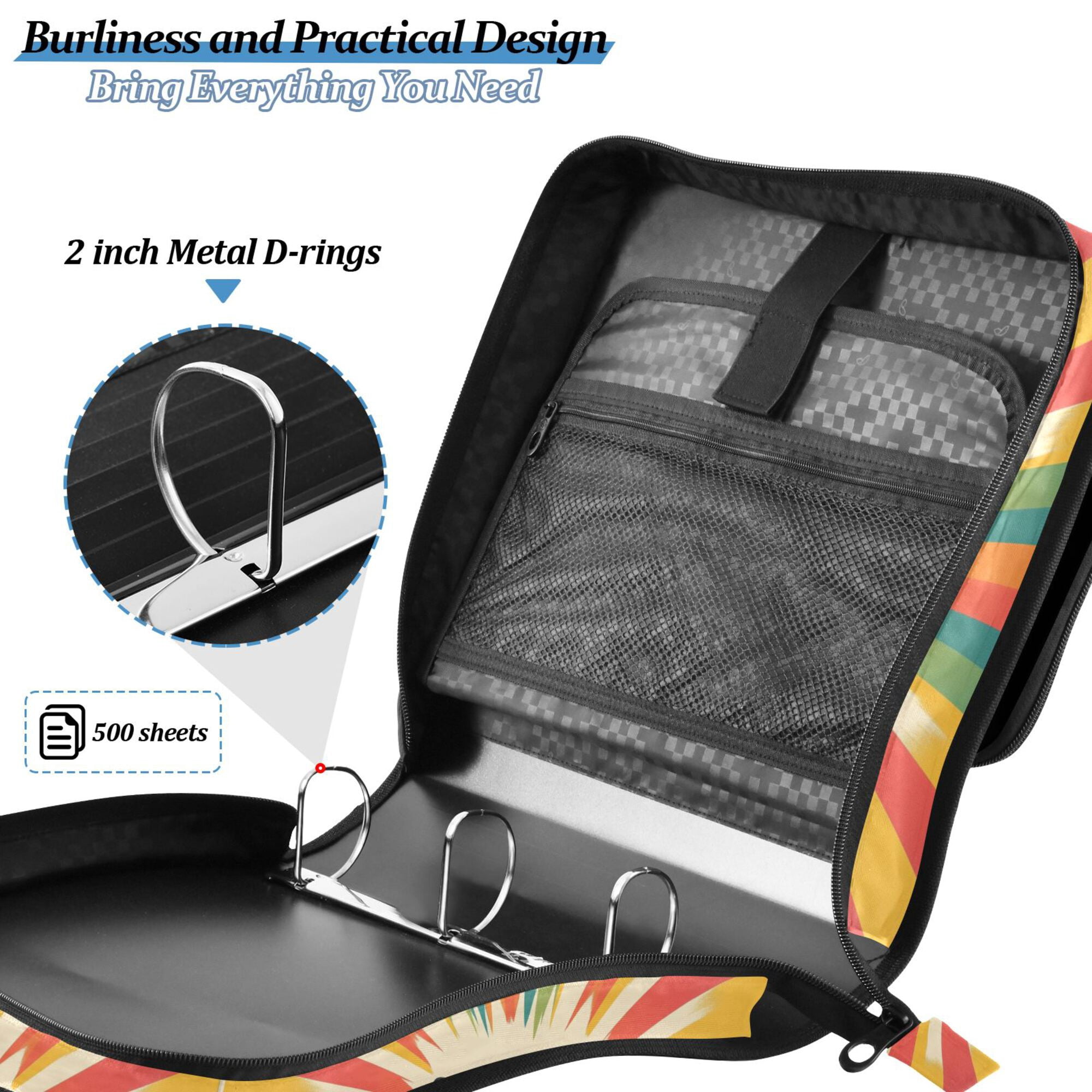 FORMRS Zipper Binder with Shoulder Strap 2-inch Ring 500 Sheet Capacity File Bag, Colorful Black Cat