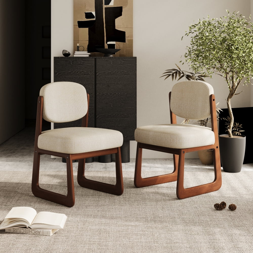 Dining Chairs Set of 2 Upholstered Solid Wood Dining Chairs with Arms Mid-Century Modern Walnut Frame Accent Chairs with Cream Fabric Cushion Comfy Lounge Side Chairs for Dining Room Kitchen Stu