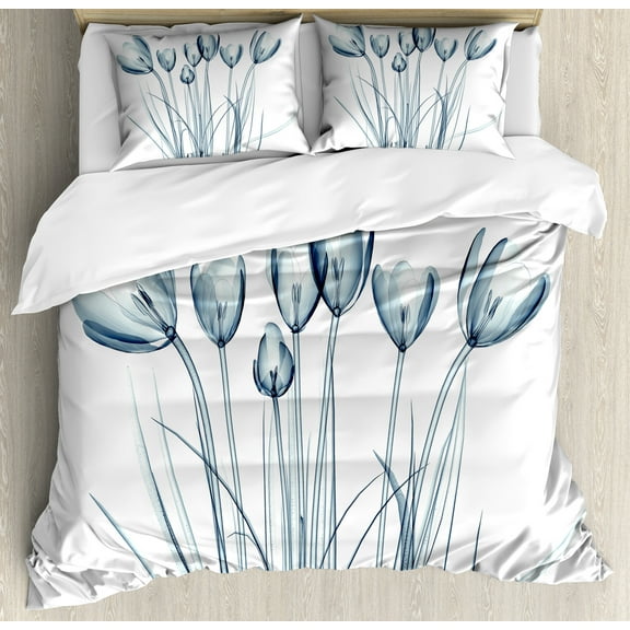 Ambesonne Flower Duvet Cover Set, Tulips with Solar Effect, Calking, Dark Petrol Blue White