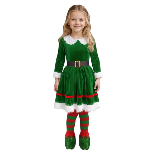 Elf Girls Outfit Long Sleeve Christmas Elf Dress Girls Hat Set Party Outfit Christmas Outfits Girls 150