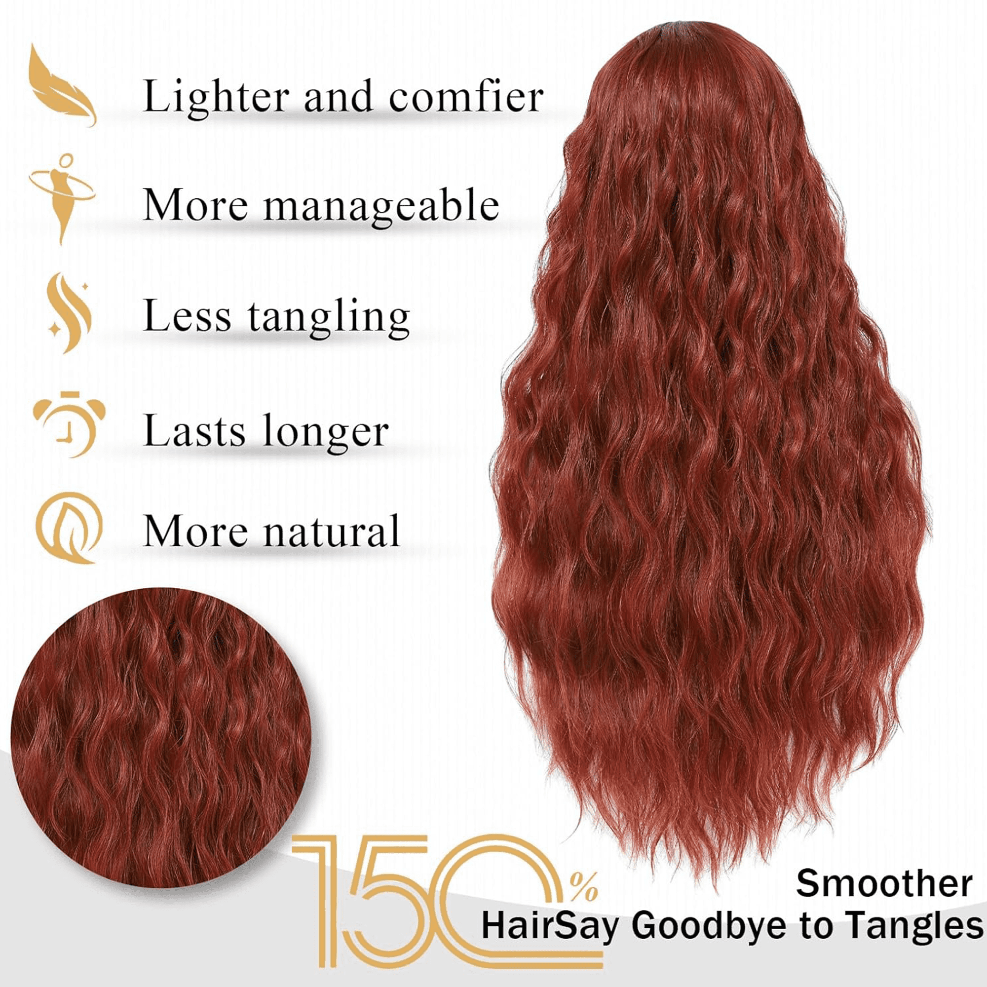 Morovan Reddish Brown Long Wavy Synthetic Wig for Women, Heat-Resistant Fiber, Adjustable Cap for Daily Wear and Costume Use