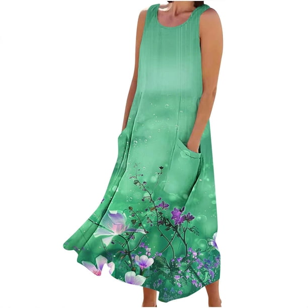 Vestido de Verano para las Mujeres sin Mangas Lino-Look Impreso Maxi, Suelto Fluido Y Vestido Sexy de Moda para las Mujeres