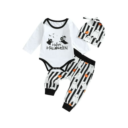 

Calsunbaby 3Pcs Baby Boys Girls Halloween Pants Outfits Long Sleeve Print Romper Tops + Pants + Top Knot Hat Set White 12-18 Months