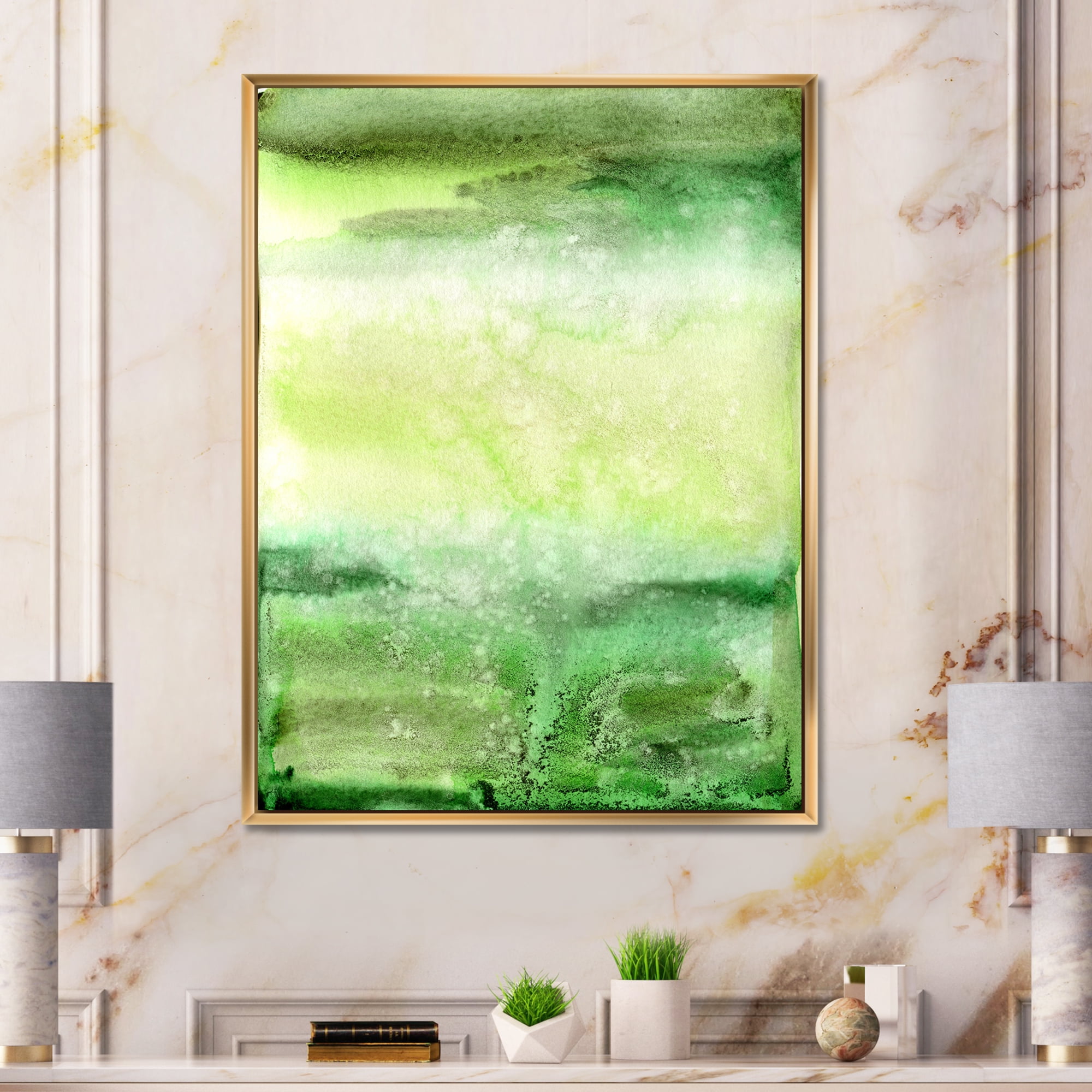 Designart 'Pastel Abstract With Beige and Dark Green & Spots' Modern Framed Canvas Wall Art Print