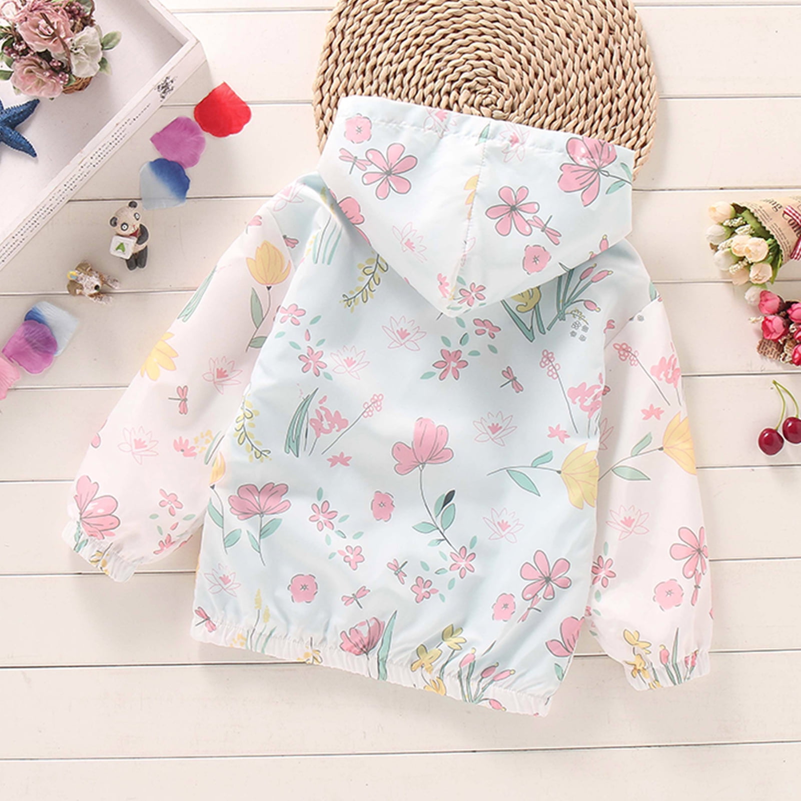 FYMNSI Toddler Girl Windbreaker Light Hooded Jacket Printed Zip Up Hoodie Spring Fall Rain Jackets Kids Clothes 3-4T