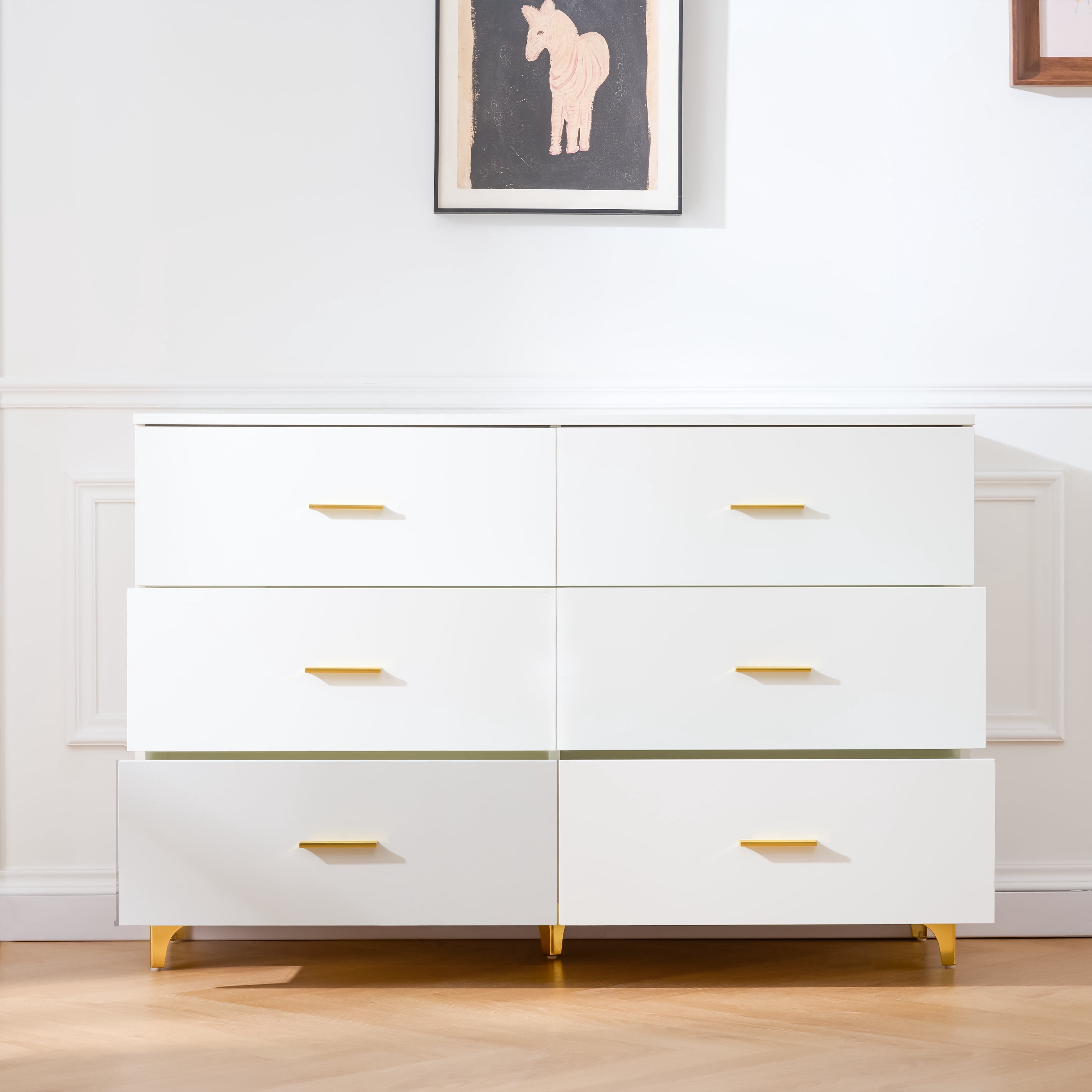 HOQBN 6 Drawer Dresser for Bedroom,Chest of Drawers withGold Handles & Metal Legs,Modern Chest of Drawers, Wooden Dresser TV Stand for Living Room, Hallway, Entryway, White