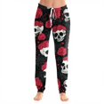 thumbnail image 2 of WULMLEO Women Soft Halloween Gothic Loungewear Jogger Pants, Skull Rose Floral Print, Adjustable Drawstring Elastic Waist Cuffed Ankle Casual Sleep Pajama Trousers Red S, 2 of 5