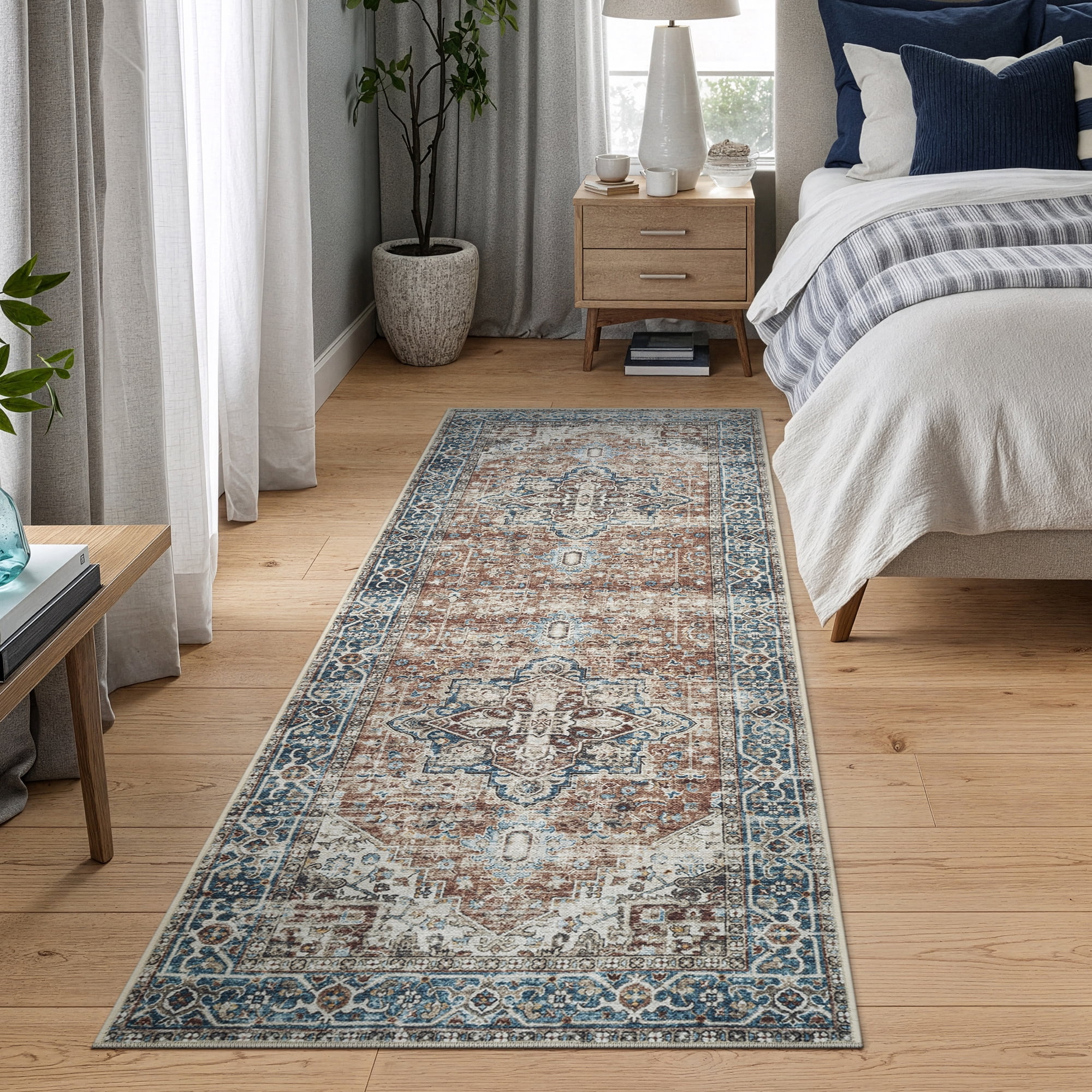Bloom Rugs Washable Non-Slip 12 ft Runner - Terracotta / Blue Traditional Oriental Runner for Entryway, Hallway, Bathroom, and Kitchen - Exact size: 2'6" x 12'