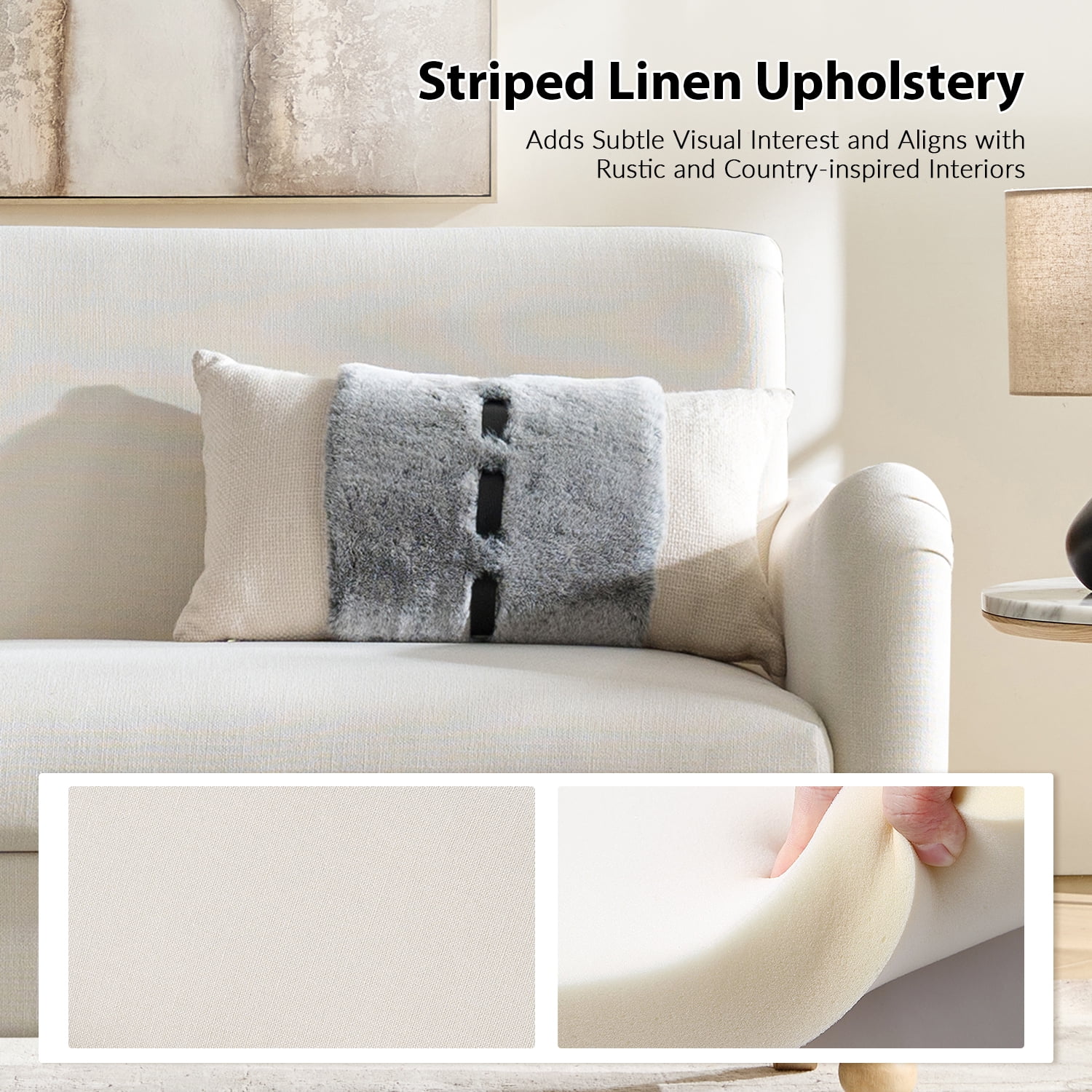 Tina's Home 50" Farmhouse Loveseat Sofa with Slope Arms and Solid Wood Bobbin Legs for Living Room, Ivory