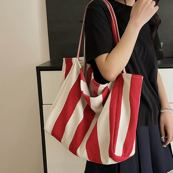 Hxlamzoo Women's Striped Canvas Tote Bag - Large Capacity Casual Shoulder Bag for Daily Commute & Travel, Soft Lightweight Durable All-Season Versatile Purse