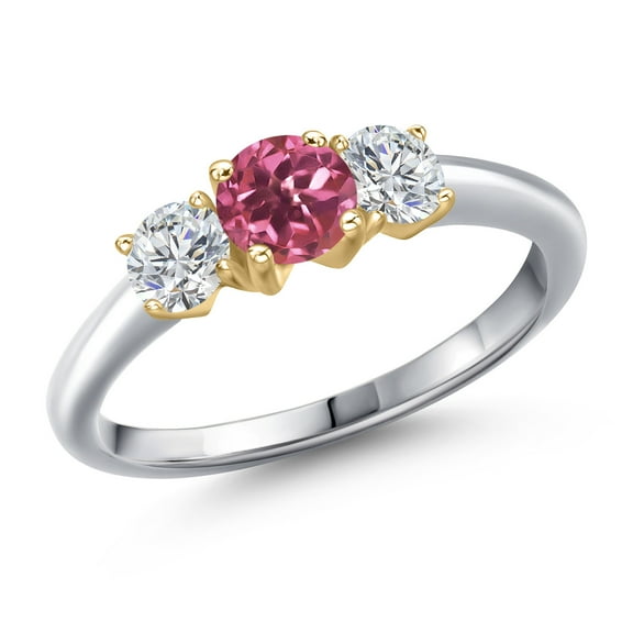 Gem Stone King 925 Silver and 10K Yellow Gold Pink Tourmaline and Lab Grown Diamond Engagement Ring for Women | 1.06 Cttw | Round 5MM | Gemstone October Birthstone | Size 8