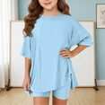 thumbnail image 4 of KVPLBQFD Girls 2 Piece Summer Outfits Kids Oversized Side Split Short Sleeve Shirts Matching Biker Shorts Lounge Set Indoor Lightweight Teen Girl Clothes, 4 of 6