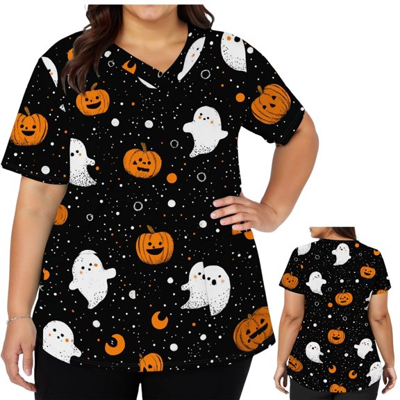 LNZGNM Halloween Womens Scrub Top V-neck Short Sleeve with Patch Pockets and Breathable Fabric Healthcare Uniform Workwear,Black (XXL)