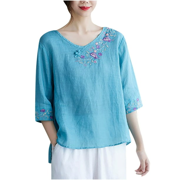 Camiseta de manga 3/4 con cuello en V bordado de cáñamo y algodón suelto estilo retro para mujer Fridja hj689