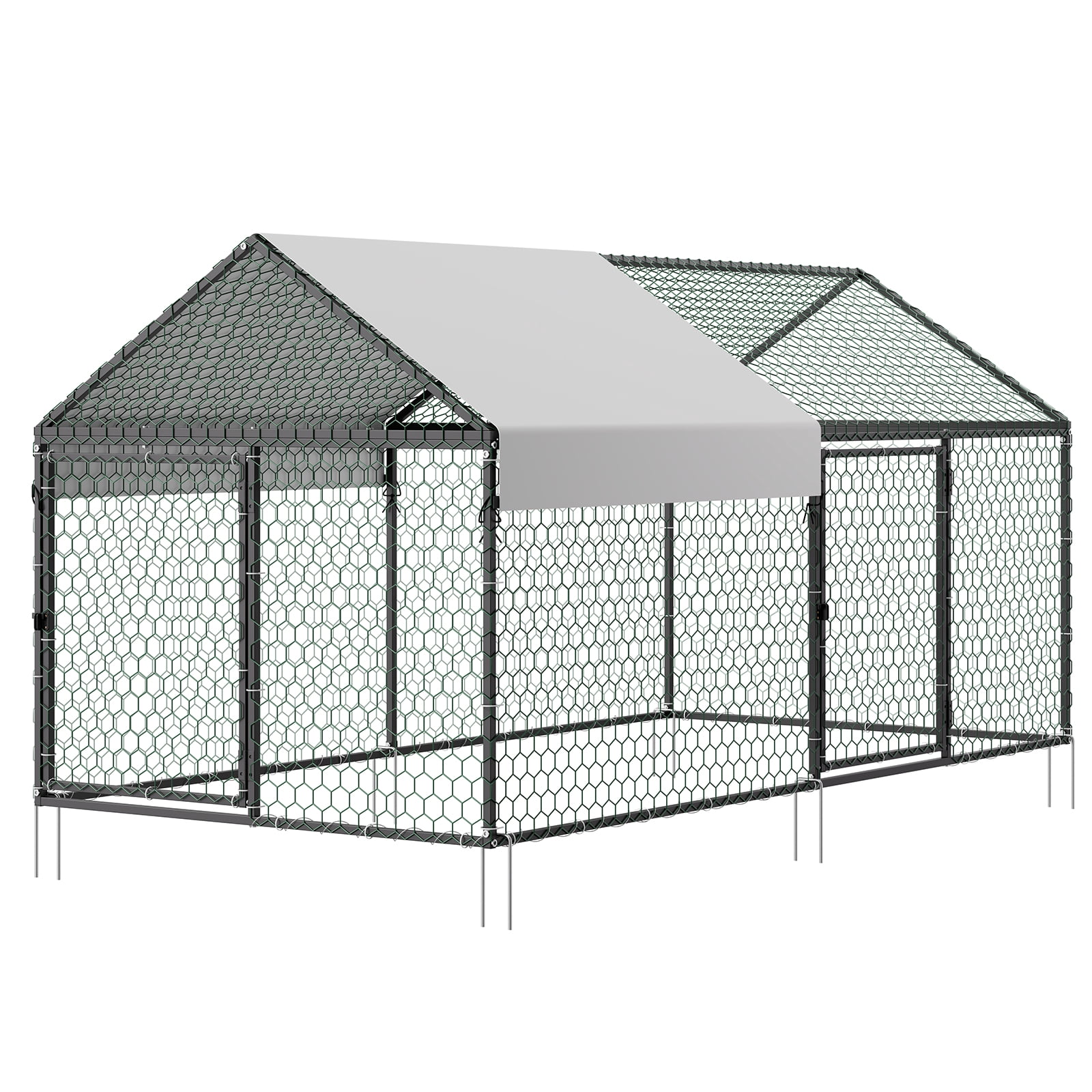 Metal Chicken Coop for 4-6 Chickens, 3.3 x 6.6 x 3.3ft, Small Chicken Cage with Waterproof Cover & Double Doors, Spire Roof Poultry Run Compatible with Wooden Coops, for Rabbit Hen Goose Duck