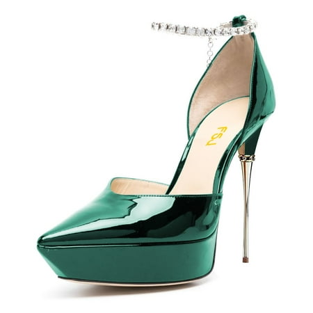 

FSJ Women Stylish Pointed Toe Rhinestone Chain Ankle Strap Sandals Stilettos Platform High Heel Pumps Dress Wedding Shoes Size 8 Green