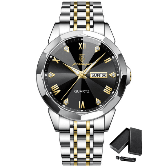Poedagar Elegant Men's Luxury Stainless Steel Creative Dial Dual Calendar Luminous Hands Waterproof Quartz Watch