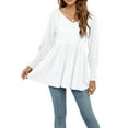 thumbnail image 5 of Seyurigaoka Women's V Neck Puff Long Sleeve Tunic Tops Casual Solid Color Smocked Cuffs Pleated Flare Babydoll Flowy Blouses Shirts, 5 of 7