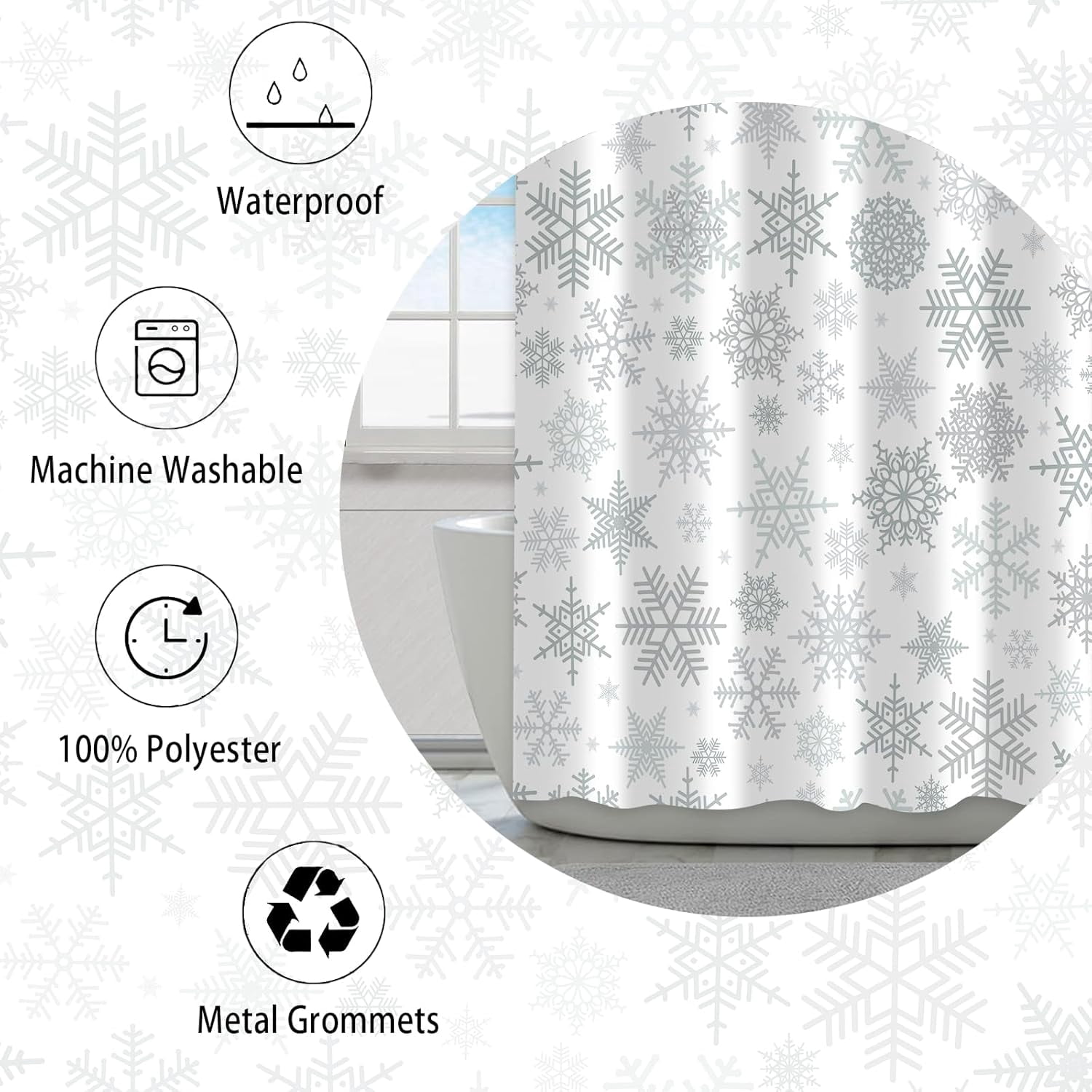 White Christmas Snowflake Shower Curtain, Winter Merry Xmas Funny Outside Holiday Pattern Bathroom Decor, Waterproof Cloth Fabric Bath Curtain with Hooks 72 x 72 inch