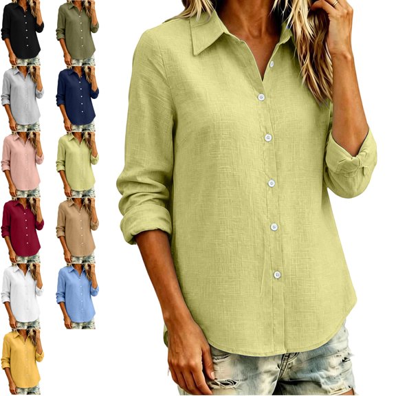 MLCDZ Button Down Shirts for Women Cotton Shirts Long Sleeve Dress Shirts Collared Blouses Office Business Work Casual Lightweight Solid Tunic Tops