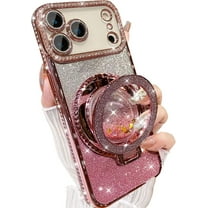 for iPhone 17 Pro Max Case, Moving Liquid Sparkle Glitter Case, Bling Flowing Rhinestones Kickstand Ring Cover with Shiny Glass Camera Lens Protector for Women Girls 6.9'' 2025, Pink