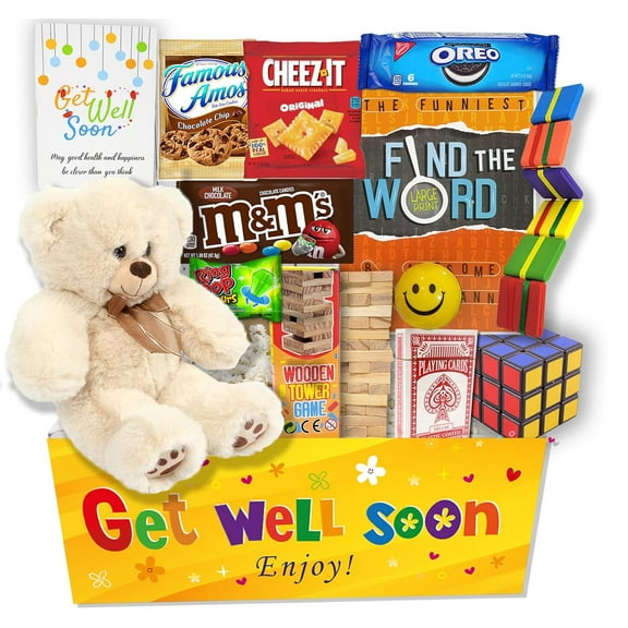 GET WELL SOON care package Gift for KIDS in recovery | Teddy Bear, Candy & Snacks Gift basket w/activities, Hospital or home, Greeting card, bundle package for children boy, girl, Feel better soon