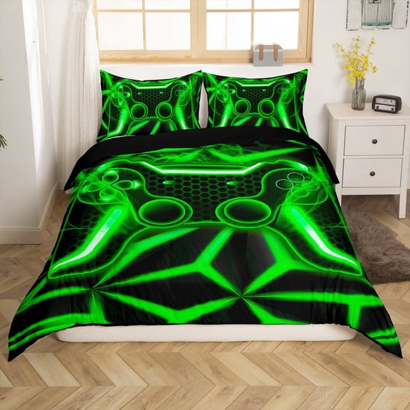 Erosebridal Teens Gamepads Comforter Cover Twin,Black Green Bedding Twin Size,Video Game Duvet Cover Twin,Breathable Geometric Room Decor,Reversible,2-Piece(No Comforter)