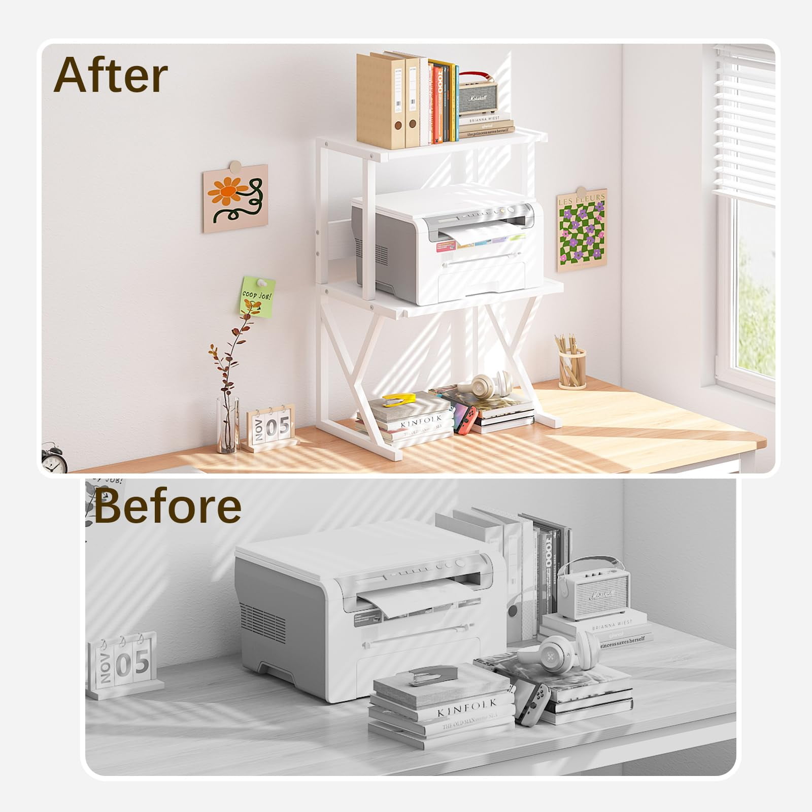 Desktop Printer Stand with 3 Tier Wood Storage Shelves,Under Desk Printer Table,Multi-Purpose Home Office Desk Organizer for Fax Machine, Scanner (White)