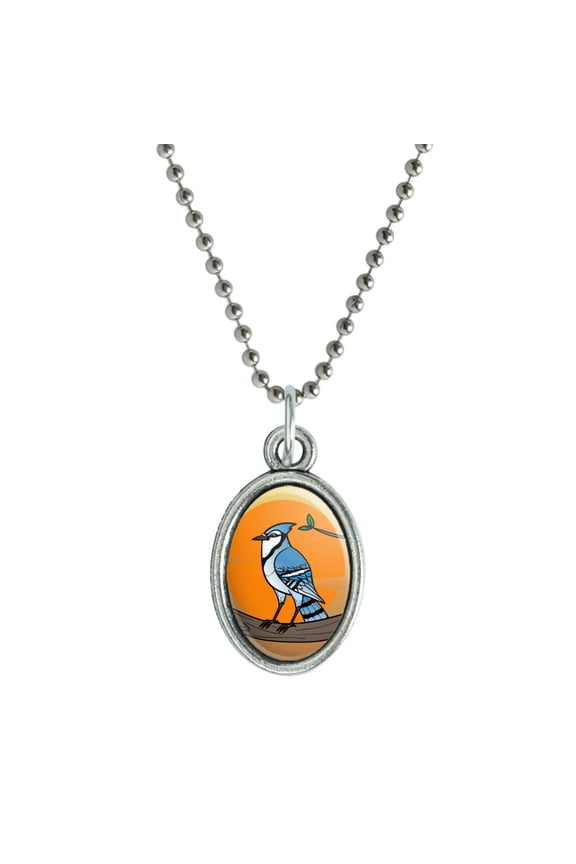 Blue Jay Bird on Branch Antiqued Oval Charm Pendant with Chain
