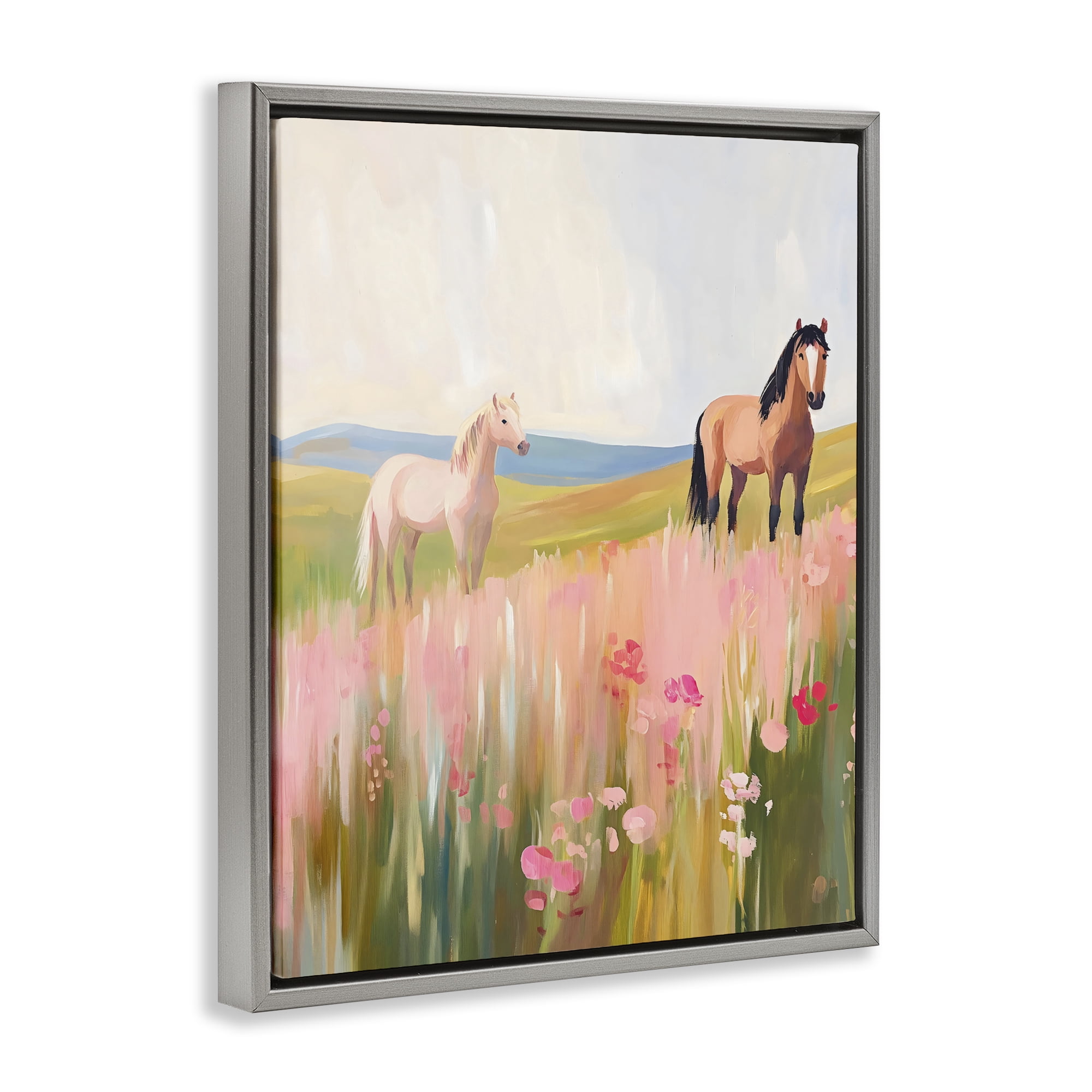 Stupell Industries Wild Horses in Pink Meadow Gray Framed Floater Canvas Wall Art, design by The Prints Vibe