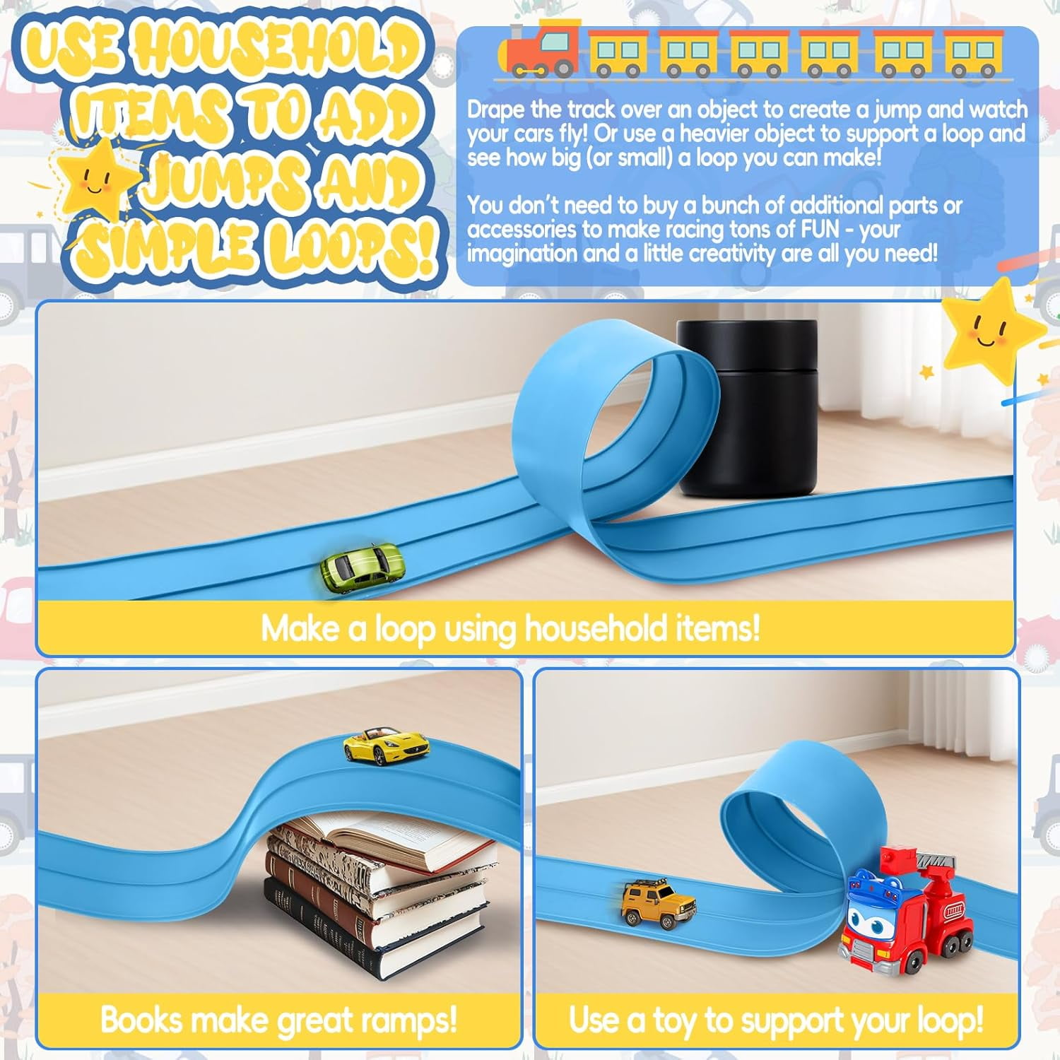 15 Ft Sky Blue Two Lane Flexible Race Car Ramp Track with Suction Cups Compatible with Hot Wheels, Matchbox, Diecast 1/50th Toy Cars Rolls Up Portable Race Track